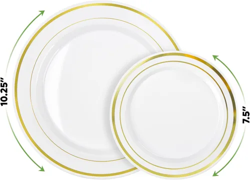 Miniatura 2 de SETUP Juego de vajilla de plástico con ribete dorado de 100 piezas, 50 platos de cena de 10.25 pulgadas y 50 platos de ensalada de 7.5 pulgadas