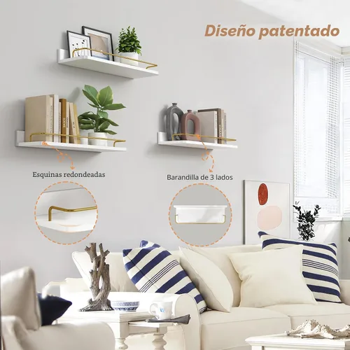 Miniatura 4 de Forbena Juego de 3 estantes flotantes dorados para decoración de pared, estantes de baño sobre el inodoro, estante de pared moderno con riel Blanco