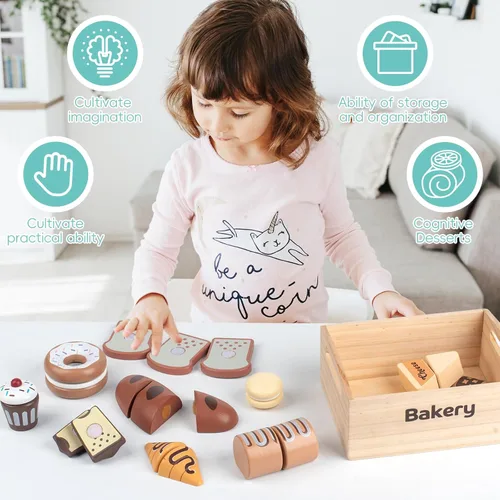 Miniatura 3 de Juego de 10 piezas de alimentos de madera para cocina de niños, juguetes de madera para cortar alimentos, accesorios de juguete de cocina con caja