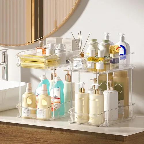 Miniatura 6 de Delamu Organizadores y almacenamiento de 2 niveles para debajo del fregadero, organizadores de gabinete de baño apilables multiusos, organización