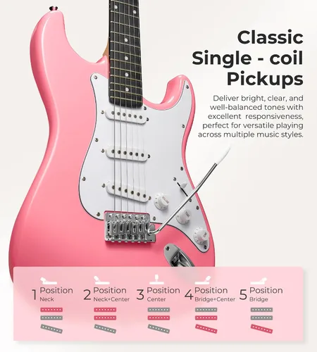 Miniatura 3 de Vangoa - Kit de guitarra eléctrica de tamaño completo de 39 pulgadas para principiantes, cuerpo sólido, color rosa, con pastillas SSS, amplificador