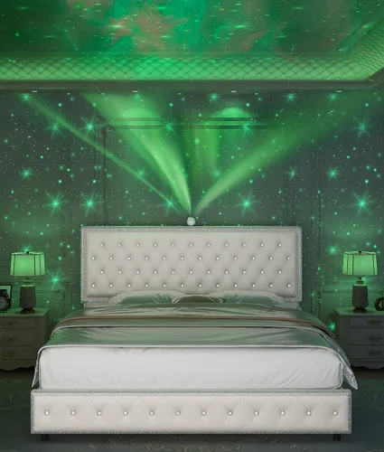 Miniatura 7 de Base de cama de plataforma tapizada tamaño Queen con cabecera LED, proyector de estrellas integrado y cabecera ajustable, no necesita somier, fácil