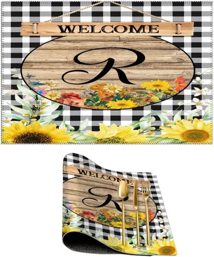 Manteles individuales de bienvenida con diseño de girasol vintage con bandera R con inicial, 1 unidad, estilo granja, para mesa de comedor, cocina,