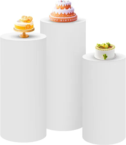 Miniatura 25 de SaitiMade Juego de 3 fundas para pedestal de cilindro beige, fundas de elastano para decoración de fiestas, bodas o eventos de cumpleaños, solo
