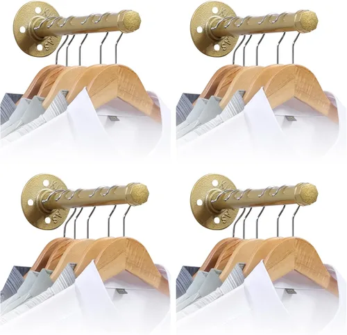 Miniatura 6 de Perchero industrial de tubo dorado de 10 pulgadas, 4 soportes de estante de tubo dorado, perchero de ropa montado en la pared, soporte de ropa