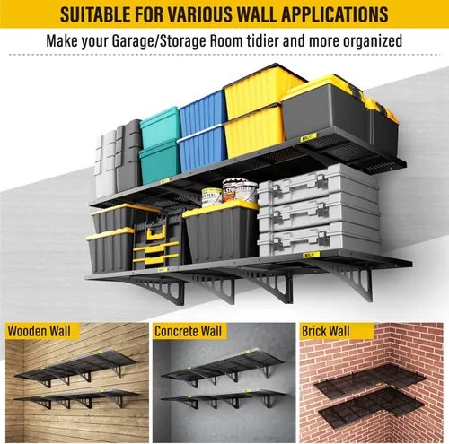 Miniatura 6 de Paquete de 4 estantes de pared de metal ajustables de 2 x 3 pies, estantes de almacenamiento de garaje resistentes montados en la pared, color negro
