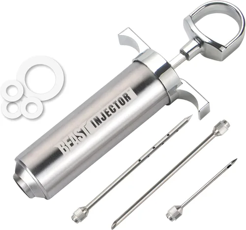 Jeringuilla de acero inoxidable 304 Grill Beast para inyectar jugos en carne con gran capacidad, 2 onzas y agujas para pichito de calidad, L, Acero