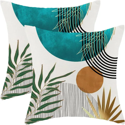 Fundas de almohada boho 16x16 pulgadas 2 piezas, fundas de almohada decorativas para exterior en color verde agua, verde azulado y dorado con hojas