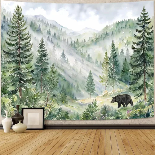 Miniatura 16 de kampdream Tapiz de bosque de montaña, tapiz de pared con diseño de árbol blanco y negro brumoso, paisaje de acuarela, tapiz de paisaje natural
