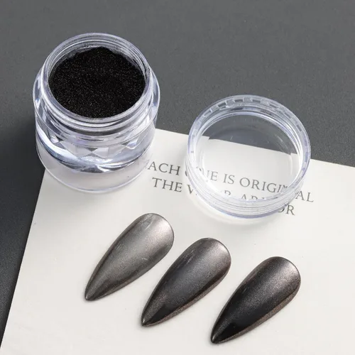 Miniatura 4 de Polvo de uñas cromado negro, 2 piezas de efecto espejo metálico negro para uñas, polvo extrafino con purpurina oscura, polvo para frotar, polvo