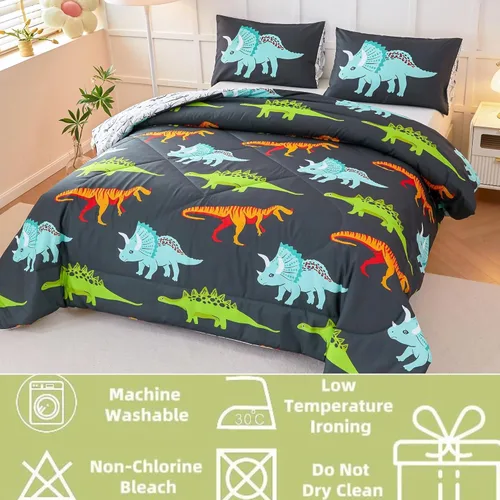 Miniatura 4 de RYNGHIPY Juego de ropa de cama de dinosaurio - Juego de edredón tamaño Queen para chicos y chicas - Juego de cama de dinosaurio suave, transpirable
