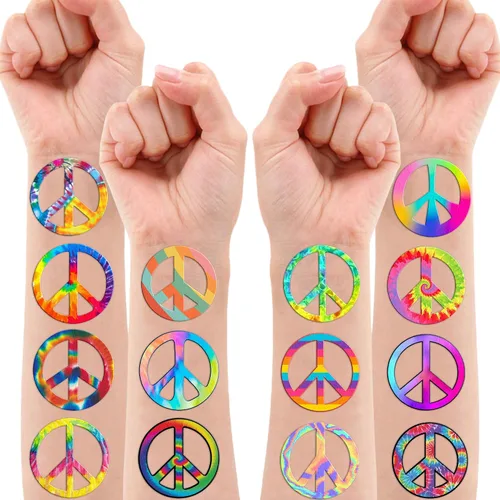 Miniatura 6 de 100 piezas de tatuajes temporales hippie de paz y amor, decoración de fiesta de cumpleaños, suministros de decoración, letrero de la paz teñido
