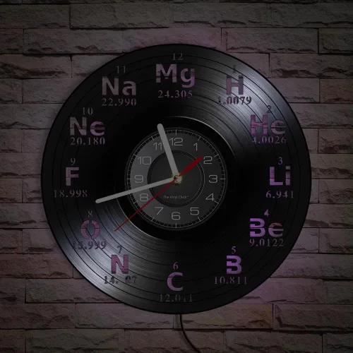 Reloj de pared con símbolos químicos, 7 tipos de reloj de pared LED de química de color, tabla periódica de los elementos, reloj de pared de vinilo
