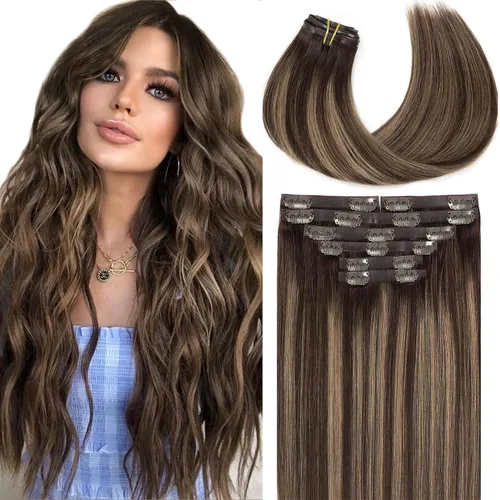 Miniatura 65 de Loxxy Extensiones de cabello humano con clip, sin costuras, 22 pulgadas, color marrón oscuro a castaño oscuro y marrón oscuro, 7 piezas