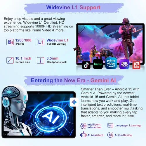 Miniatura 3 de Tableta Android 15 de 10.1 pulgadas 30GB+128GB+1TB ampliable, 2025 Octa-Core 8000mAh con teclado y ratón, Inteligencia Artificial Gemini, 5G WiFi