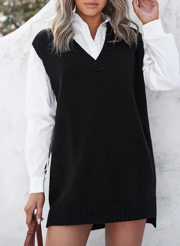 Miniatura 2 de EVALESS Chaleco Suéter de Gran Tamaño para Mujeres Cuello en V Sin Mangas Color Sólido Suéter Pullover Suelto