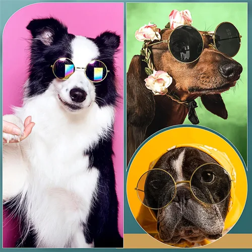 Miniatura 5 de Lentes de sol retro para mascotas, gafas de muñeca, gafas redondas clásicas para perro, gafas de metal para cachorros, disfraces hippie para gatos