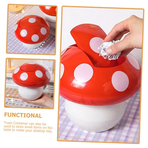 Miniatura 3 de Cubo de basura de escritorio con forma de hongo con tapa, pequeño contenedor de basura decorativo de 7.51 pulgadas, cubo de basura compacto de mesa
