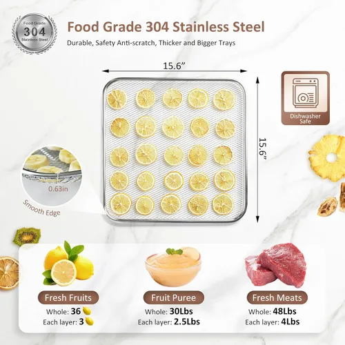Miniatura 5 de Deshidratadora de alimentos comercial grande con 12 bandejas, área utilizable de hasta 22.67 pies², secador de acero inoxidable completo de 1200W
