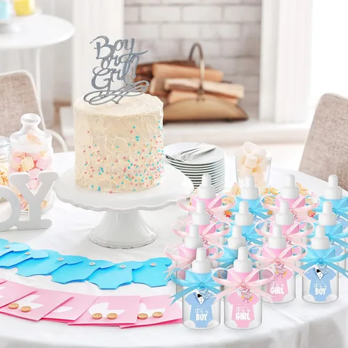 Miniatura 6 de 162 piezas de revelación de género para baby shower, 48 mini botellas de leche de plástico para bebé, 48 mini chupetes de plástico, 64 calcomanías