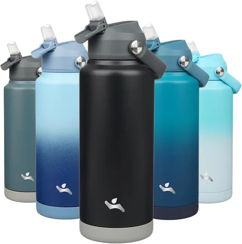 Miniatura 43 de Konokyo Botella de agua aislada con tapa de pajilla, botella de metal al vacío de acero inoxidable de 18 onzas con mango de silicona, color negro