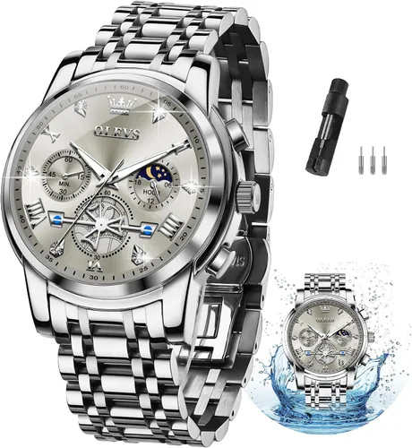 Miniatura 11 de OLEVS Relojes para hombre de plata, reloj de cronógrafo de acero inoxidable para hombre, reloj analógico de cuarzo de cara grande para hombre