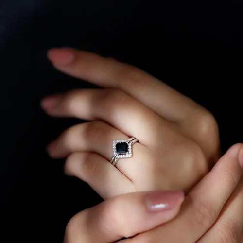 Miniatura 3 de Juego de anillos de boda de ónix negro y diamantes de corte princesa certificado 0.197 in Regalos de San Valentín para ella