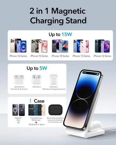 Miniatura 5 de 2-en-1 para soporte de carga compatible con Magsafe con bloque de carga USB-C PD de 20W y cable, cargador inalámbrico de carga rápida diseñado