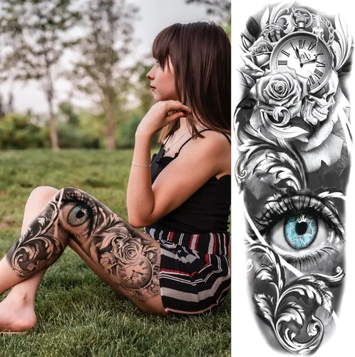 Miniatura 7 de Tatuajes de manga temporal de bosque para piernas de mujer, brazo completo, grande, leopardo, serpiente, león, lobo, tribal, manga de tatuaje falso