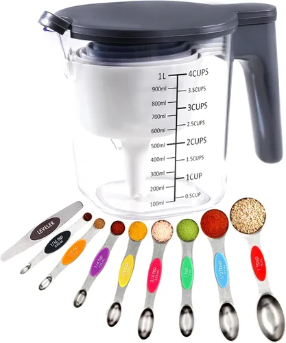 Juego de 19 piezas de tazas y cucharas medidoras, incluye 10 tazas medidoras apilables con tapa y 9 cucharas medidoras magnéticas, libres de BPA, 19