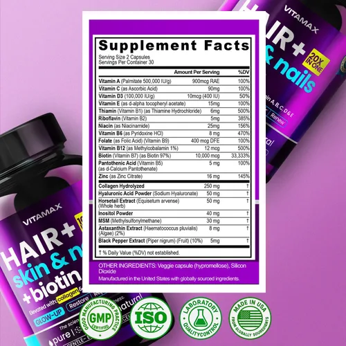 Miniatura 7 de Biotina Colágeno Potenciador de queratina con ácido hialurónico – Suplemento para el crecimiento del cabello más grueso, piel saludable y uñas