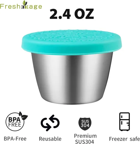 Miniatura 2 de Freshmage [Paquete de 6 de 2.4 onzas] Recipiente de aderezo de acero inoxidable con tapas de silicona, recipientes reutilizables a prueba de fugas