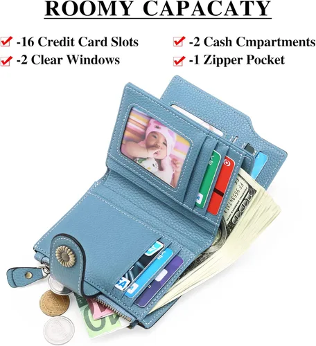Miniatura 2 de FALAN MULE Cartera pequeña para mujer, de piel auténtica, plegable, compacta, con bloqueo RFID, pequeña cartera para mujer, AA-Azul claro, Moda