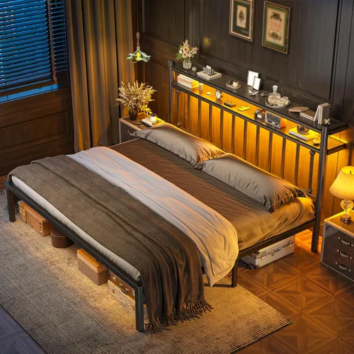 Homkdom Base de cama de metal tamaño King de 14 pulgadas y cabecera de almacenamiento de 2 niveles, marco de cama victoriano tamaño King con Negro