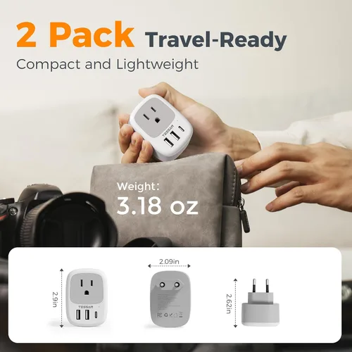 Miniatura 6 de Paquete de 2 adaptadores de enchufe de viaje europeo, TESSAN adaptador de enchufe de EE. UU. a Europa con 3 puertos USB (1 USB C), toma de corriente