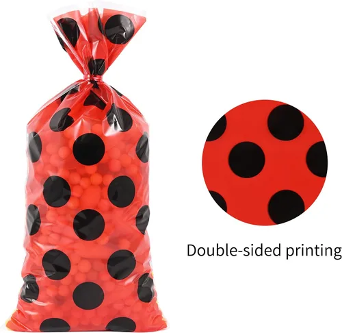 Miniatura 3 de Lecpeting 100 bolsas de golosinas de mariquita, bolsas de dulces de celofán con lunares rojos y negros, regalos de fiesta de mariquita con lazos