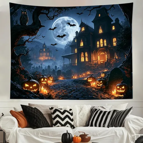 Miniatura 17 de LB Tapiz espeluznante de cementerio de Halloween, lápida aterradora con árboles muertos, tapiz de bosque para colgar en la pared, tapiz de fondo