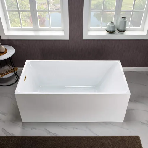 Miniatura 4 de WOODBRIDGE Bañera de acrílico independiente de 67 pulgadas, bañera blanca de remojo contemporáneo con desbordamiento y drenaje de oro cepillado