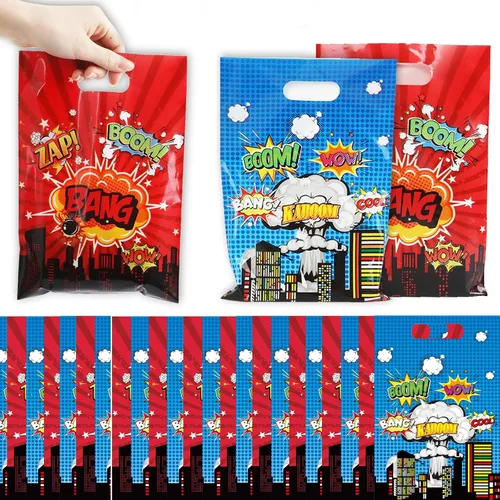 50 bolsas de regalo de héroe con temática de héroe de feliz cumpleaños, bolsas de regalo de héroe de acción de héroe, bolsas de regalo de plástico