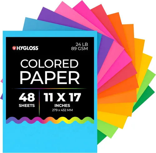 Hygloss Papel de Colores Brillantes Surtidos - 24 lb, 89 GSM, Libre de Ácido, Resistente a la Decoloración, Papel de Copia a Color Tamaño Ledger de