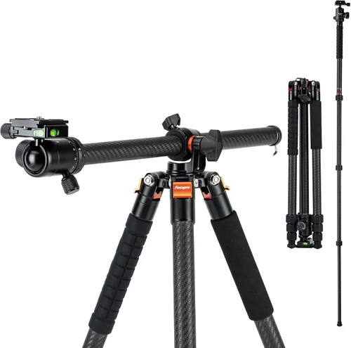 Fotopro Trípode horizontal de fibra de carbono, 62.6 pulgadas, trípode de cámara 2 en 1, monopie con cabezal de bola de 360 grados, placa de