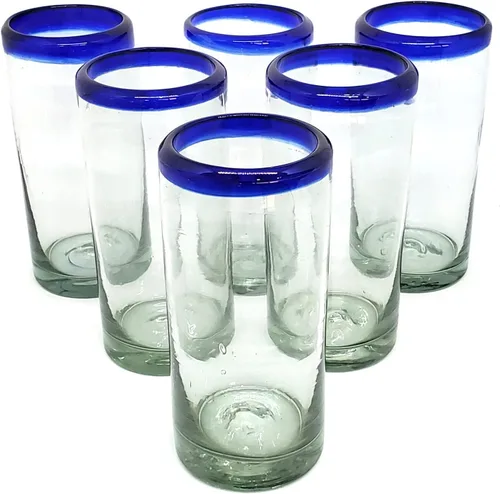 Miniatura 10 de Copas de roca DOF con borde azul cobalto de 8 onzas (juego de 6), vidrio reciclado, sin plomo, sin toxinas (DOF Rocks)