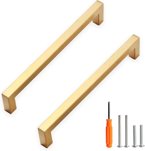 Miniatura 18 de Tiradores para gabinete dorados, manijas cuadradas para cajones, paquete de 2, manijas de acero inoxidable para cocina de 13-4/5 pulgadas, herrajes