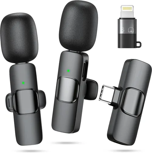 Miniatura 9 de Micrófono Lavalier inalámbrico 3 en 1 para iPhone, iPad, Android, cámara, paquete de 2 mini micrófonos profesionales con pantalla LED, clip