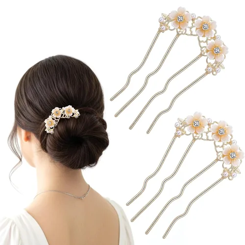Ymapinc Horquilla de pelo con giro francés dorado en forma de U, 2 piezas de clip de moño de flor de perla para mujer, clip floral vintage,