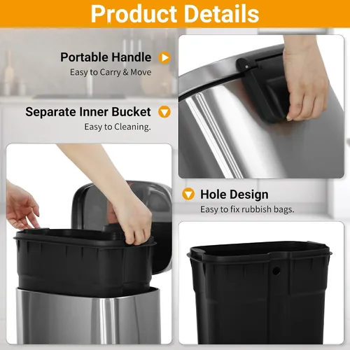 Miniatura 4 de BLKMTY Cubo de basura con tapa para cocina, oficina, baño, cubo de basura con pedal, cubo de basura de acero inoxidable con cubo interior extraíble
