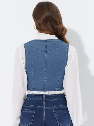Miniatura 4 de Allegra K Chaleco de mezclilla para mujer con botones y sin mangas