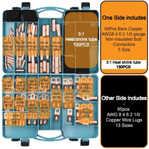 Miniatura 4 de Kit de 260 terminales de anillo de batería AWG8 de calibre 4 6 2 1/0 y conectores a tope no aislados, 65 lengüetas de férula de crimpado sin