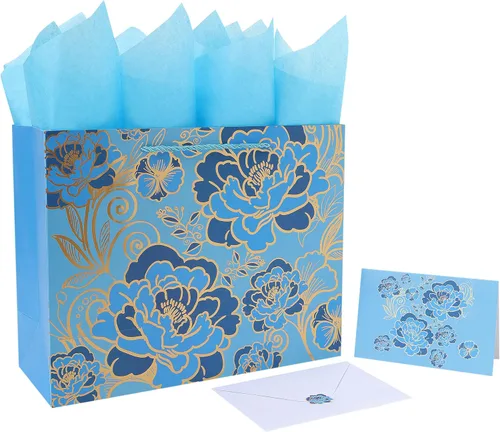 Miniatura 8 de Juego de Bolsa de Regalo Grande Rosa Verde de 13" con Tarjeta de Felicitación y Papel de Seda (Flores con Trazado de Papel Aluminio) para Celebrar