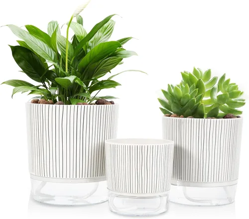 Miniatura 17 de Macetas de riego automático para plantas de interior, macetas, maceta de riego automático, 2 piezas de 4 + 5.3 pulgadas, rayas negras